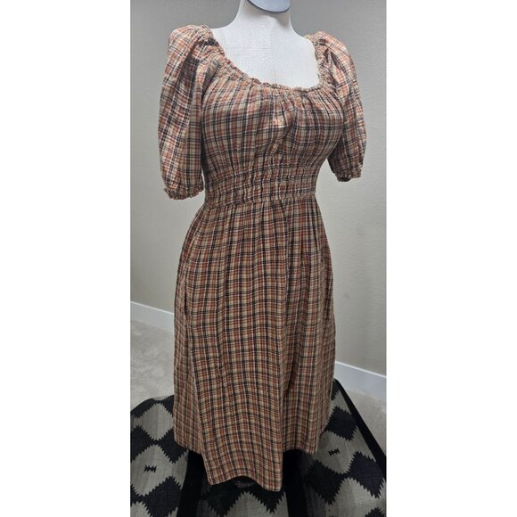 Plaid Smocked Puff Sleeve Midi Dress With Square Neckline & Side Pockets Rust/Br - Picture 1 of 7